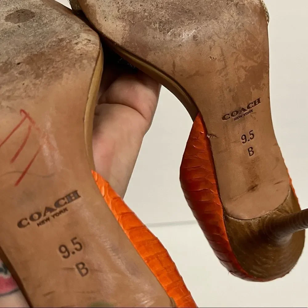Coach Heels Pointed Toe Tan Burlap Orange Snakeskin Camille Q4508 Size 9.5 - Picture 10 of 14